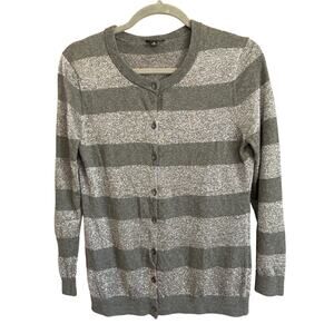Ann Taylor Sz M gray & silver sparkle striped buttondown cardigan sweater